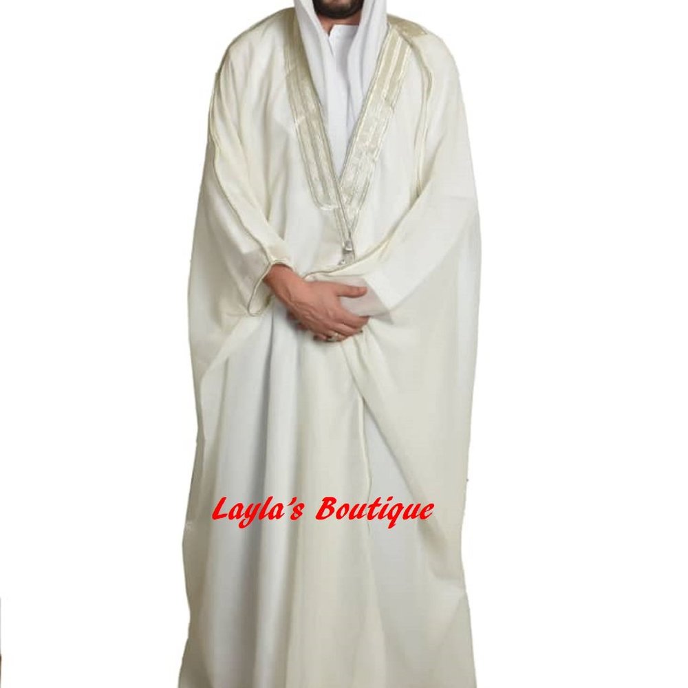 Men's Bisht Cloak Arab Dress Thobe Robe Eid Kaftan Jacket Wedding off white